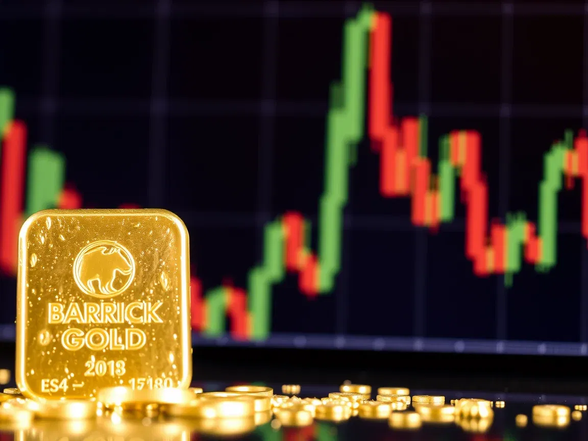 Gráfico bursátil superpuesto a una imagen de lingotes de oro, simbolizando la relación entre el valor de las acciones y la producción de oro de Barrick Mining.