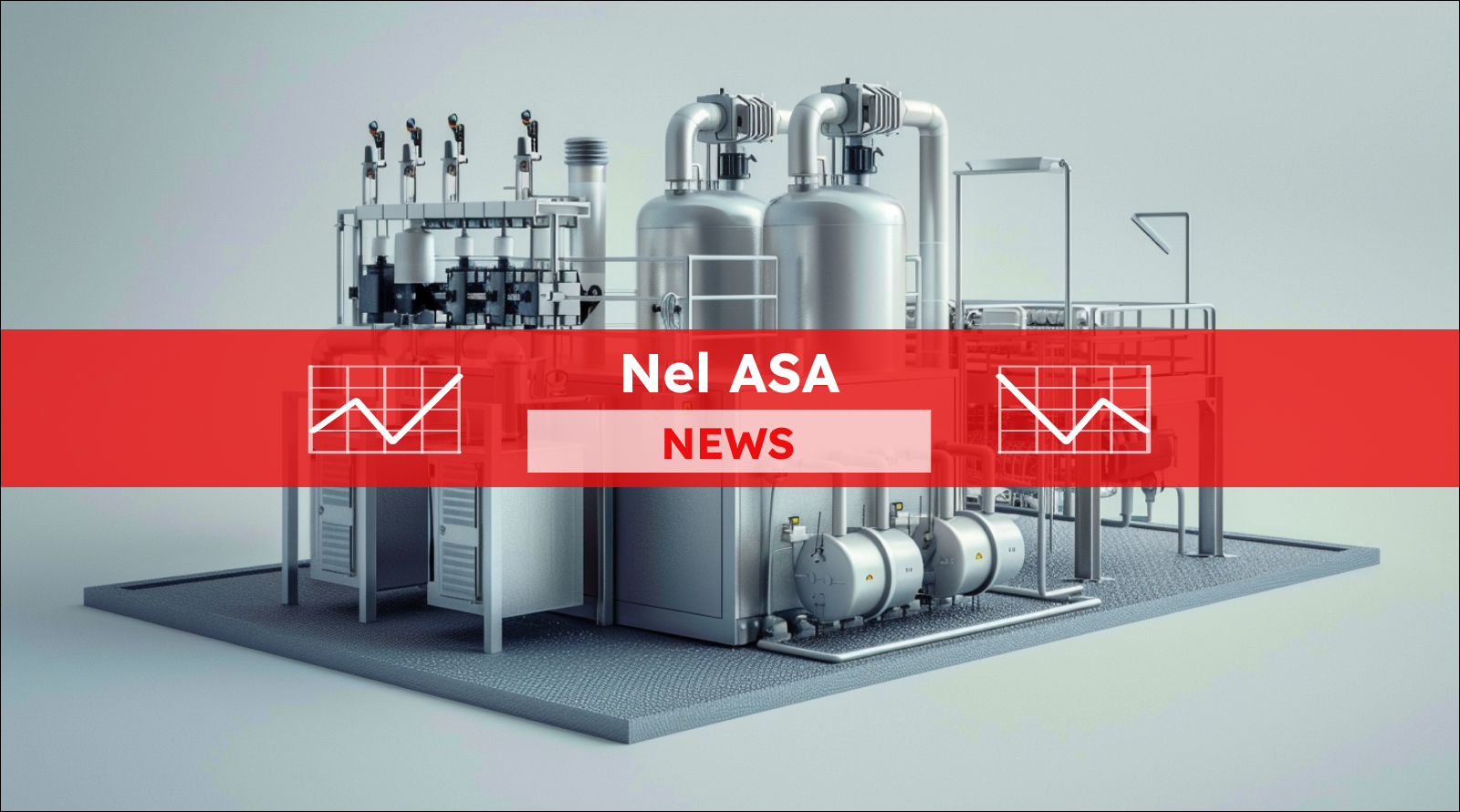 Eine Wasserstoff-Elektrolyseanlage mit zahlreichen Verbindungsrohren und Behältern, mit einem Banner Nel ASA-NEWS