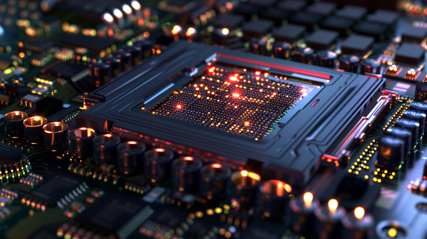 Ein beleuchteter Mikroprozessor auf einer Platine, umgeben von anderen elektronischen Komponenten und Leiterbahnen
