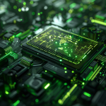 Eine Nahaufnahme eines Mikrochips in der Mitte einer Computerplatine, umgeben von einer Vielzahl von elektronischen Komponenten, die alle in grünes Licht getaucht sind