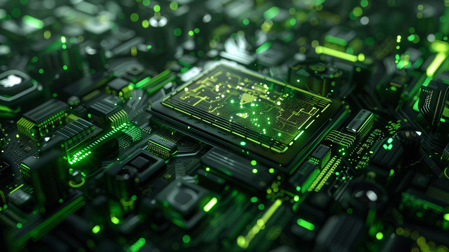 Eine Nahaufnahme eines Mikrochips in der Mitte einer Computerplatine, umgeben von einer Vielzahl von elektronischen Komponenten, die alle in grünes Licht getaucht sind