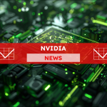 Eine Nahaufnahme eines Mikrochips in der Mitte einer Computerplatine, umgeben von einer Vielzahl von elektronischen Komponenten, die alle in grünes Licht getaucht sind, über dem Bild ist ein Nvidia NEWS-Banner