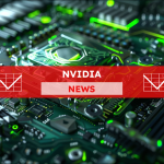 Eine Nahaufnahme eines Mikrochips in der Mitte einer Computerplatine, umgeben von einer Vielzahl von elektronischen Komponenten, die alle in grünes Licht getaucht sind,über dem Bild ist ein Nvidia NEWS-Banner