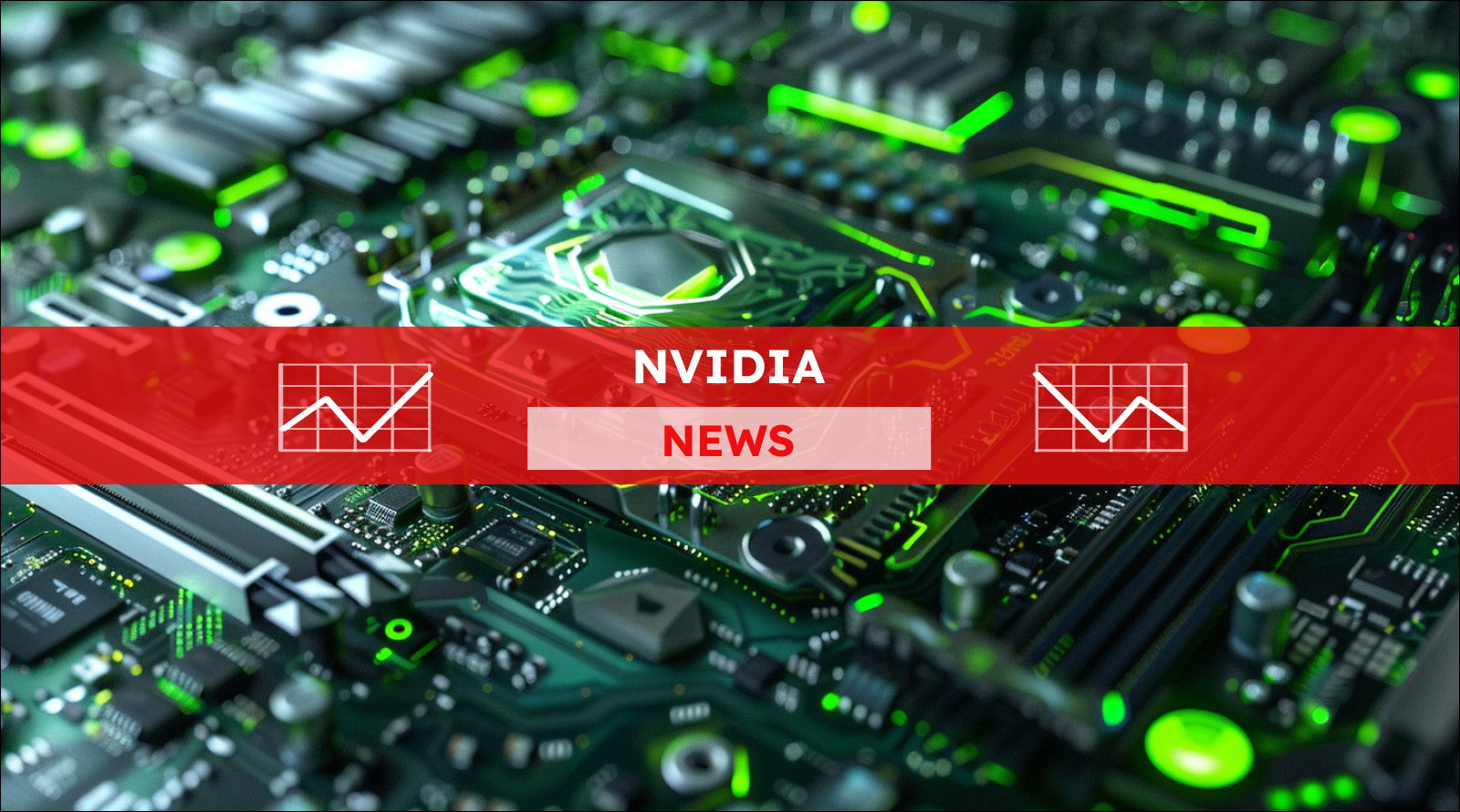 Eine Nahaufnahme eines Mikrochips in der Mitte einer Computerplatine, umgeben von einer Vielzahl von elektronischen Komponenten, die alle in grünes Licht getaucht sind,über dem Bild ist ein Nvidia NEWS-Banner