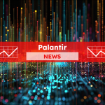 Eine dynamische digitale Darstellung mit bunten Lichtlinien und der Aufschrift Palantir NEWS in einem roten Banner.