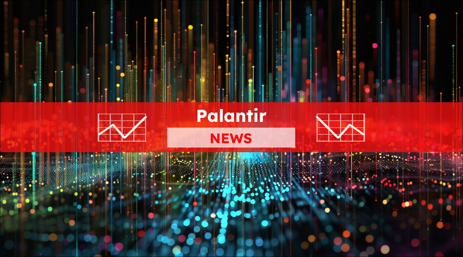Eine dynamische digitale Darstellung mit bunten Lichtlinien und der Aufschrift Palantir NEWS in einem roten Banner.