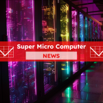 Ein leuchtender Serverraum mit einem Super Micro Computer NEWS Banner