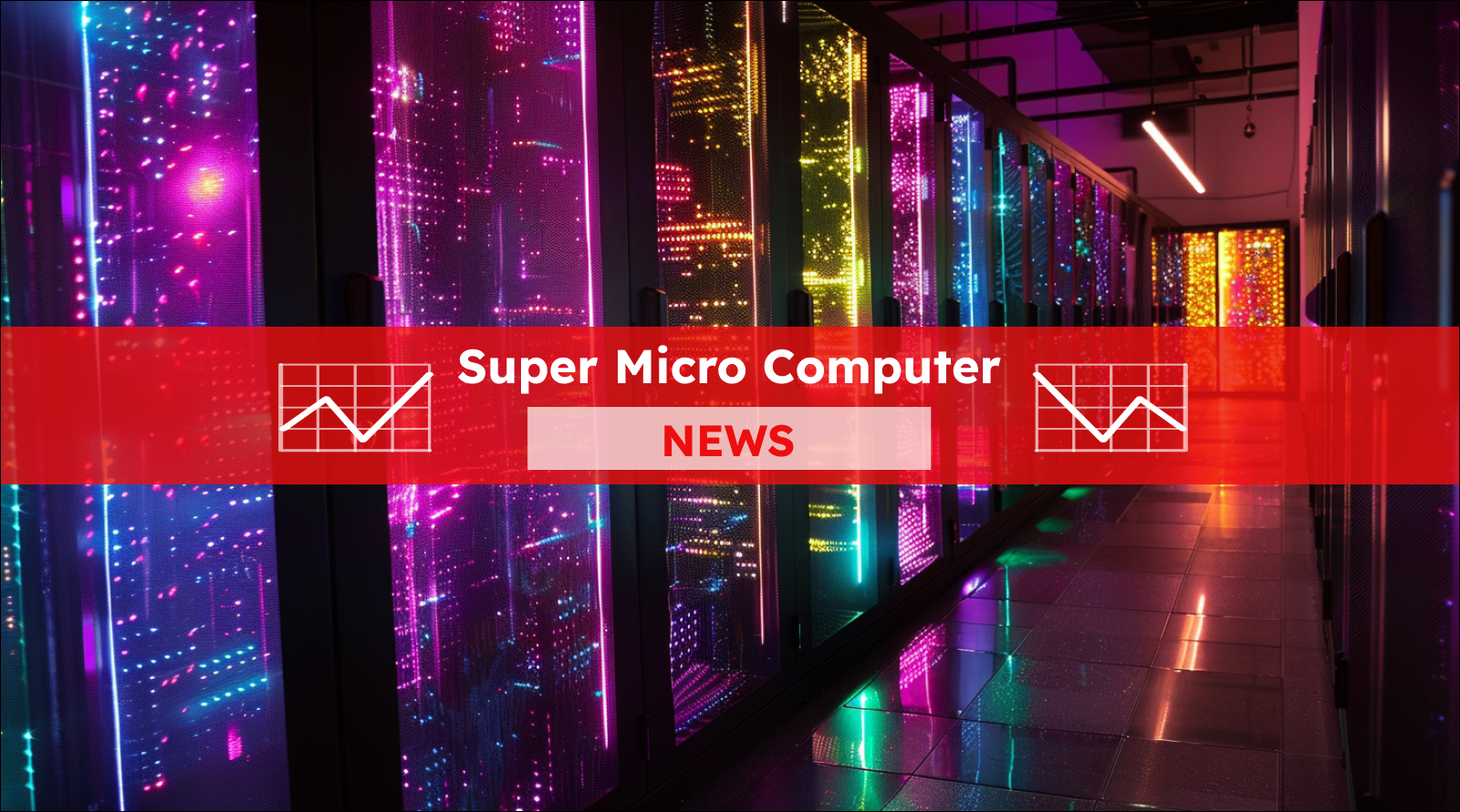 Ein leuchtender Serverraum mit einem Super Micro Computer NEWS Banner