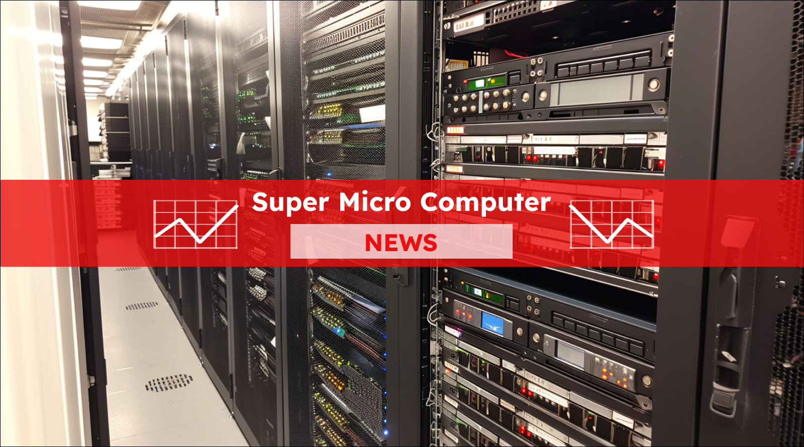 Eine Reihe von Serverschränken in einem Datenzentrum, über dem Bild ist ein Super Micro Computer NEWS-Banner