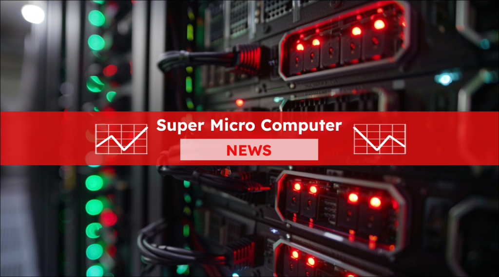 Super Micro Computer-Aktie: Die Zahlen! Und der Irrtum! Eine Nahaufnahme von Serverhardware in einem Rack mit leuchtenden LED-Leuchten, die den operativen Status anzeigen, über dem Bild ist ein Super Micro Computer NEWS-Banner