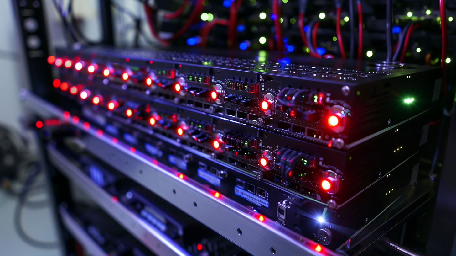 Eine Nahaufnahme von Serverhardware in einem Rack mit leuchtenden LED-Leuchten, die den operativen Status anzeigen