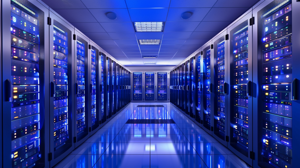 Ein Rechenzentrum mit mehreren Reihen von Serverracks, die mit blauen und violetten Lichtern beleuchtet sind