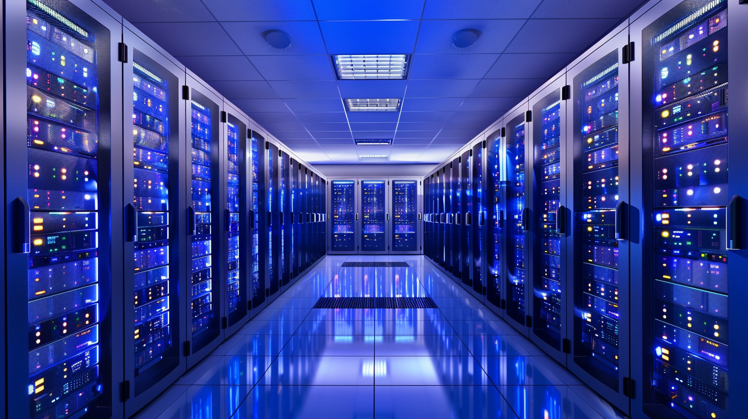 Ein Rechenzentrum mit mehreren Reihen von Serverracks, die mit blauen und violetten Lichtern beleuchtet sind