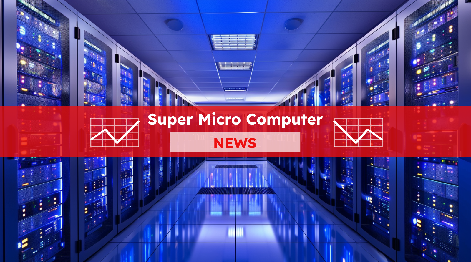 Ein Rechenzentrum mit mehreren Reihen von Serverracks, die mit blauen und violetten Lichtern beleuchtet sind, über dem Bild ist ein Super Micro Computer NEWS-Banner