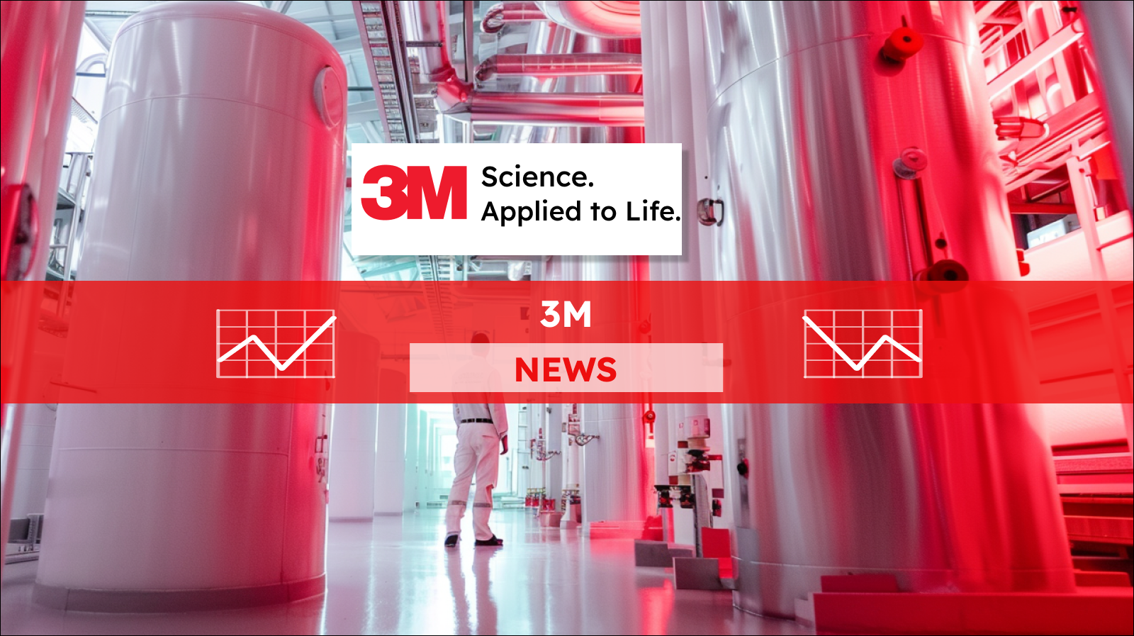 Ein Mitarbeiter in einem weißen Kittel in einem Labor, mit dem Slogan Science. Applied to Life. von 3M, mit einem 3M NEWS Banner