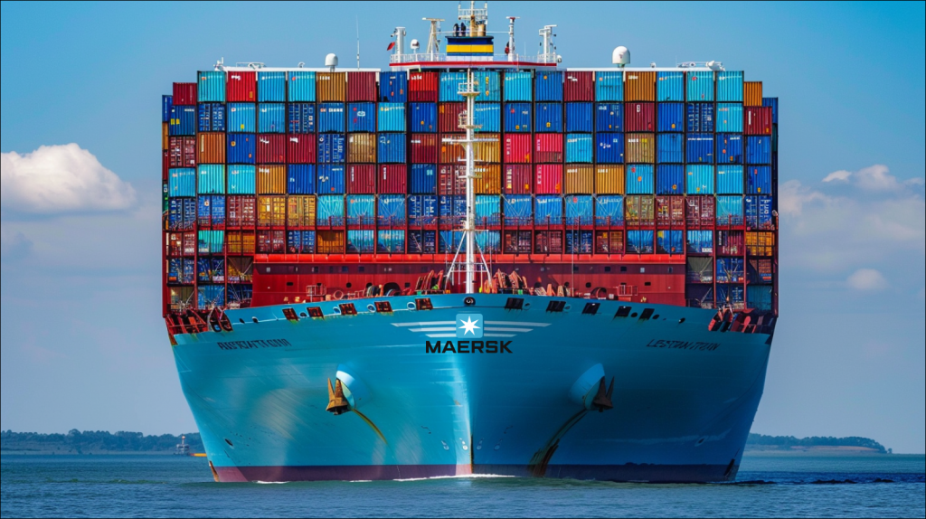 Ein riesiges Containerschiff von Maersk auf offenem Meer, beladen mit gestapelten, bunten Containern.