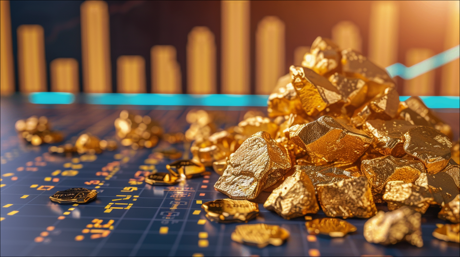 Ein Haufen Goldnuggets im Vordergrund mit einem verschwommenen finanziellen Balkendiagramm im Hintergrund