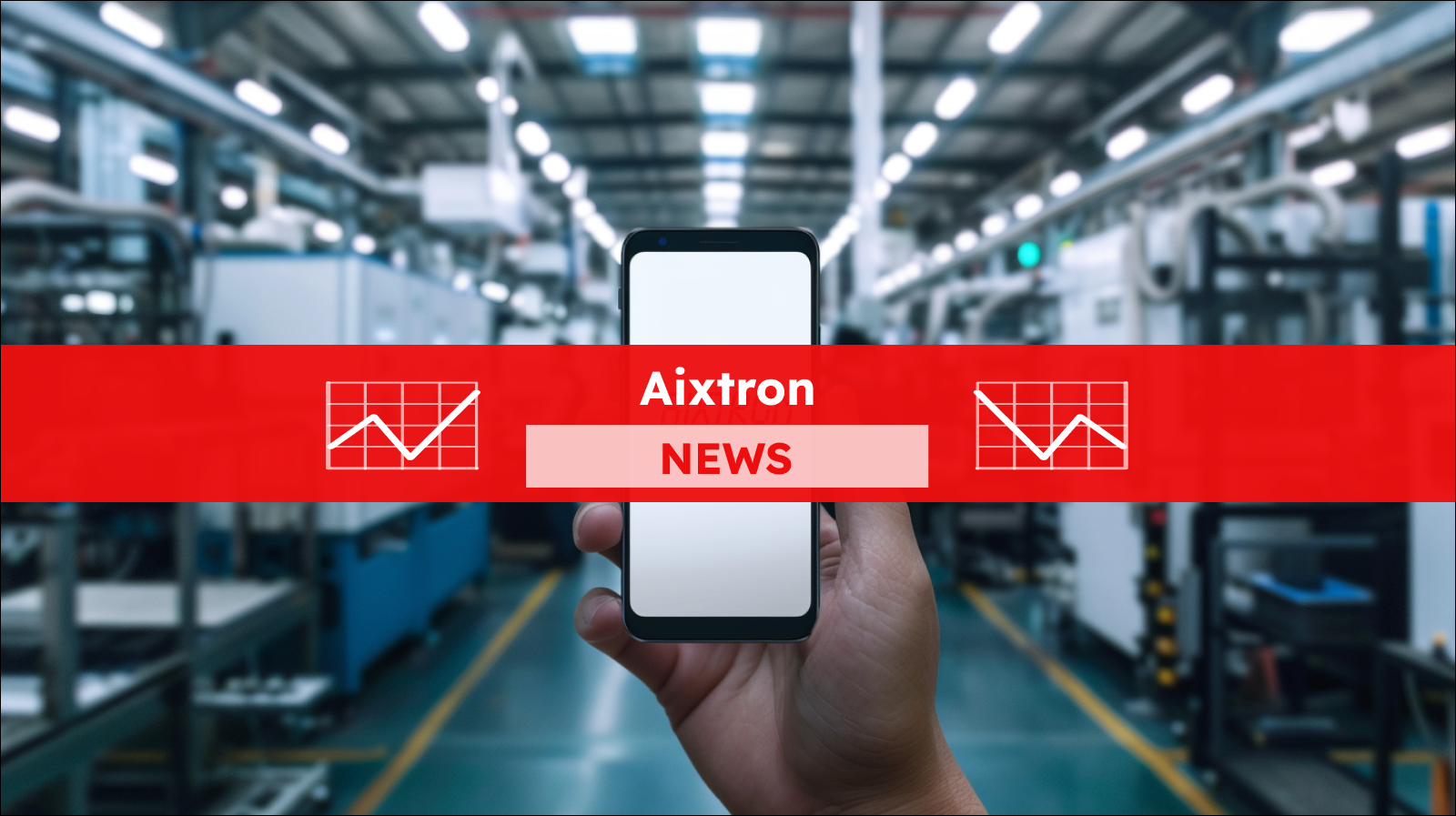 eine Hand, die ein Smartphone mit dem Schriftzug AIXTRON auf dem Bildschirm hält, im Hintergrund ist eine unscharfe Fabrikhalle mit industriellen Maschinen,  mit einem Aixtron NEWS Banner