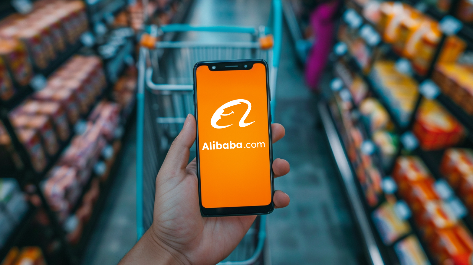 Eine Hand hält ein Smartphone mit dem Alibaba.com-Logo auf dem Bildschirm vor einem Einkaufswagen in einem Supermarkt.