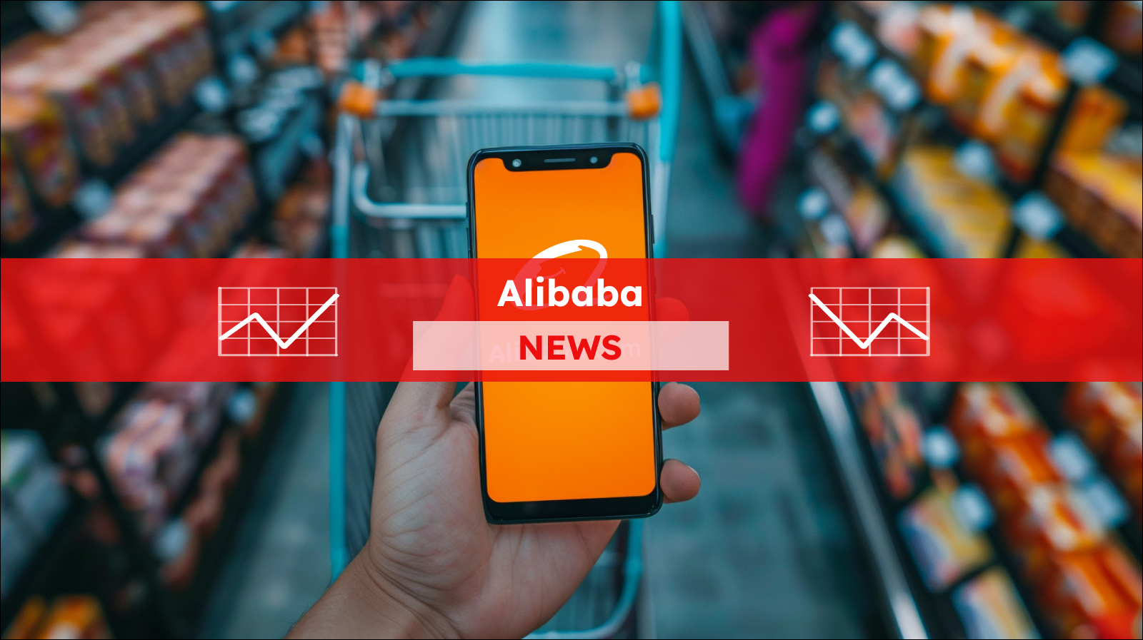 Eine Hand hält ein Smartphone mit dem Alibaba.com-Logo auf dem Bildschirm vor einem Einkaufswagen in einem Supermarkt, mit einem Alibaba NEWS Banner
