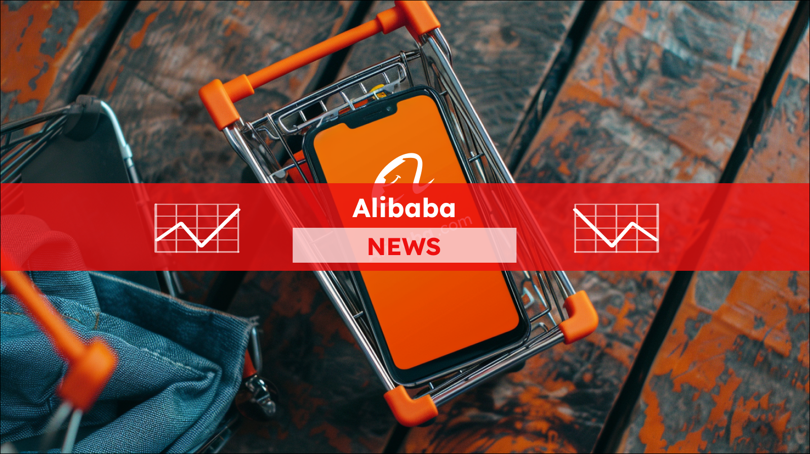 Ein Smartphone mit dem Bildschirm, der das Alibaba-Logo zeigt, liegt in einem Miniatur-Einkaufswagen,  mit einem Alibaba NEWS Banner