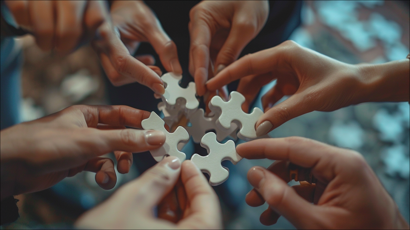 Verschiedene Hände kommen zusammen, um Puzzleteile zu einem Ganzen zu verbinden