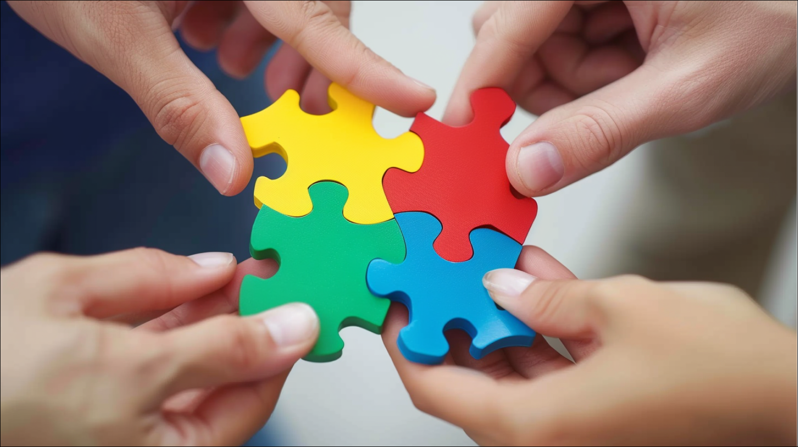Verschiedene Hände kommen zusammen, um bunte Puzzleteile zu einem Ganzen zu verbinden