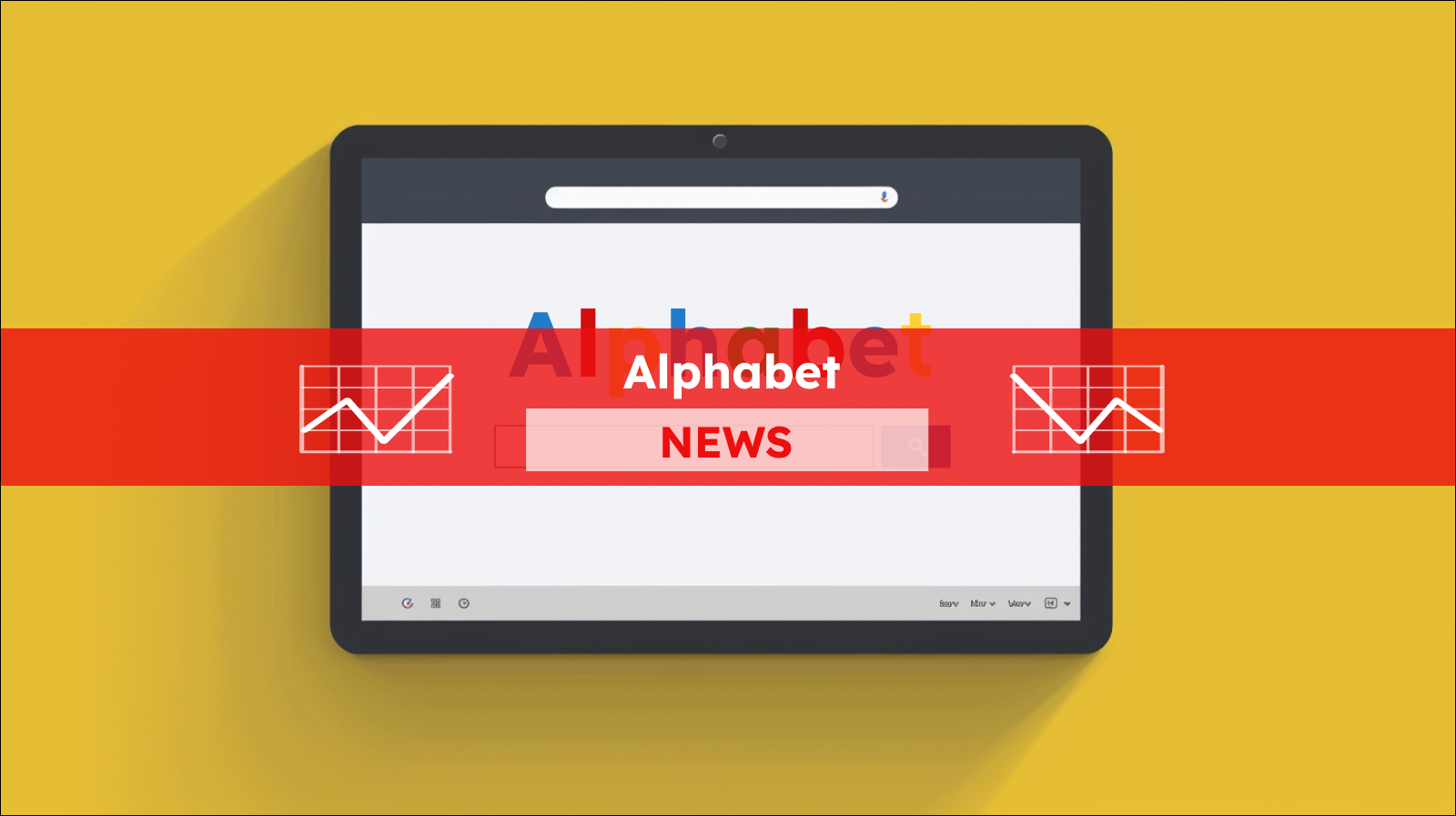 ein Webbrowser-Fenster, das das Wort Alphabet im Google-Farbschema anzeigt, mit einer Suchleiste,  mit einem Alphabet NEWS Banner