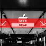 Apple-Logo im Büro. mit einem Apple NEWS Banner.