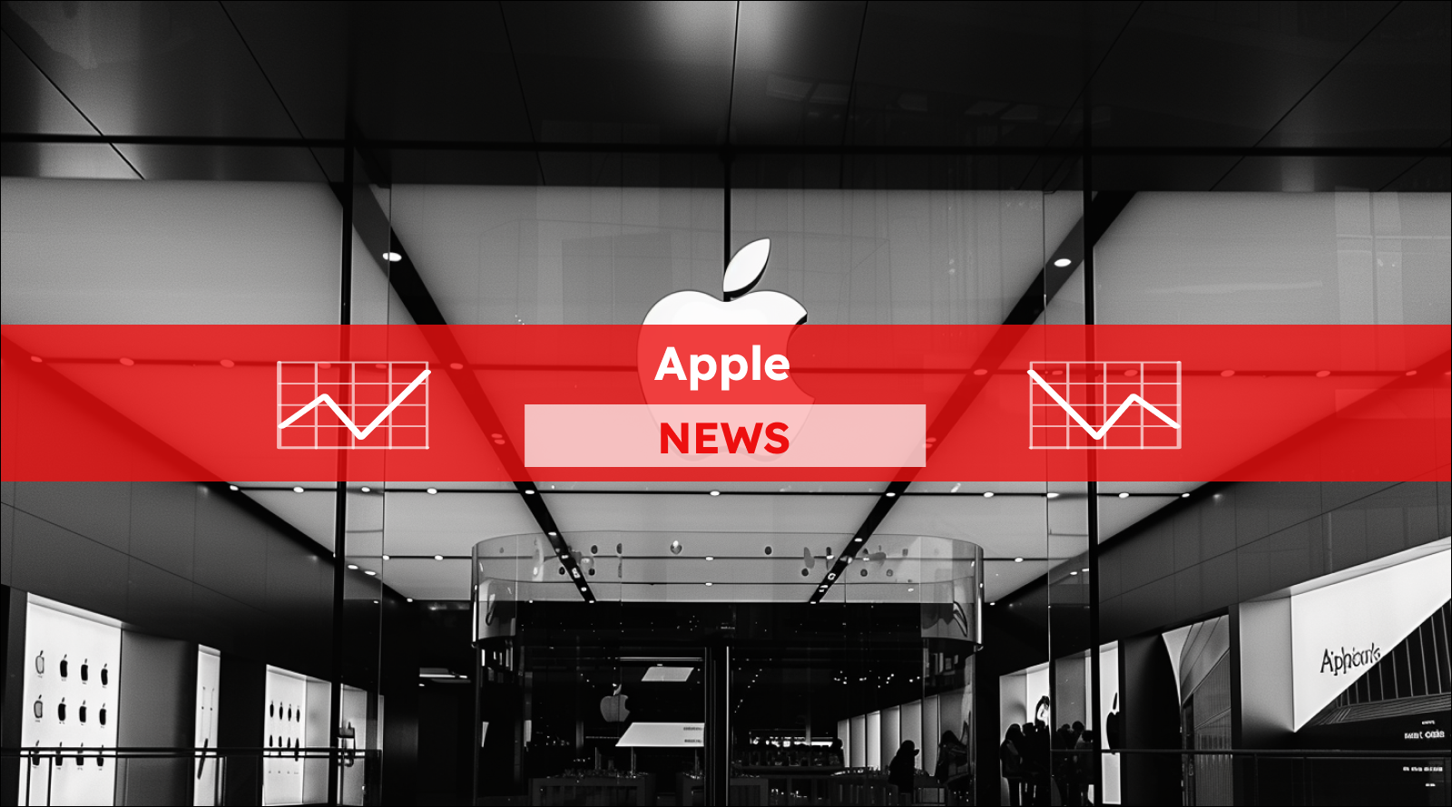 Apple-Logo im Büro. mit einem Apple NEWS Banner.