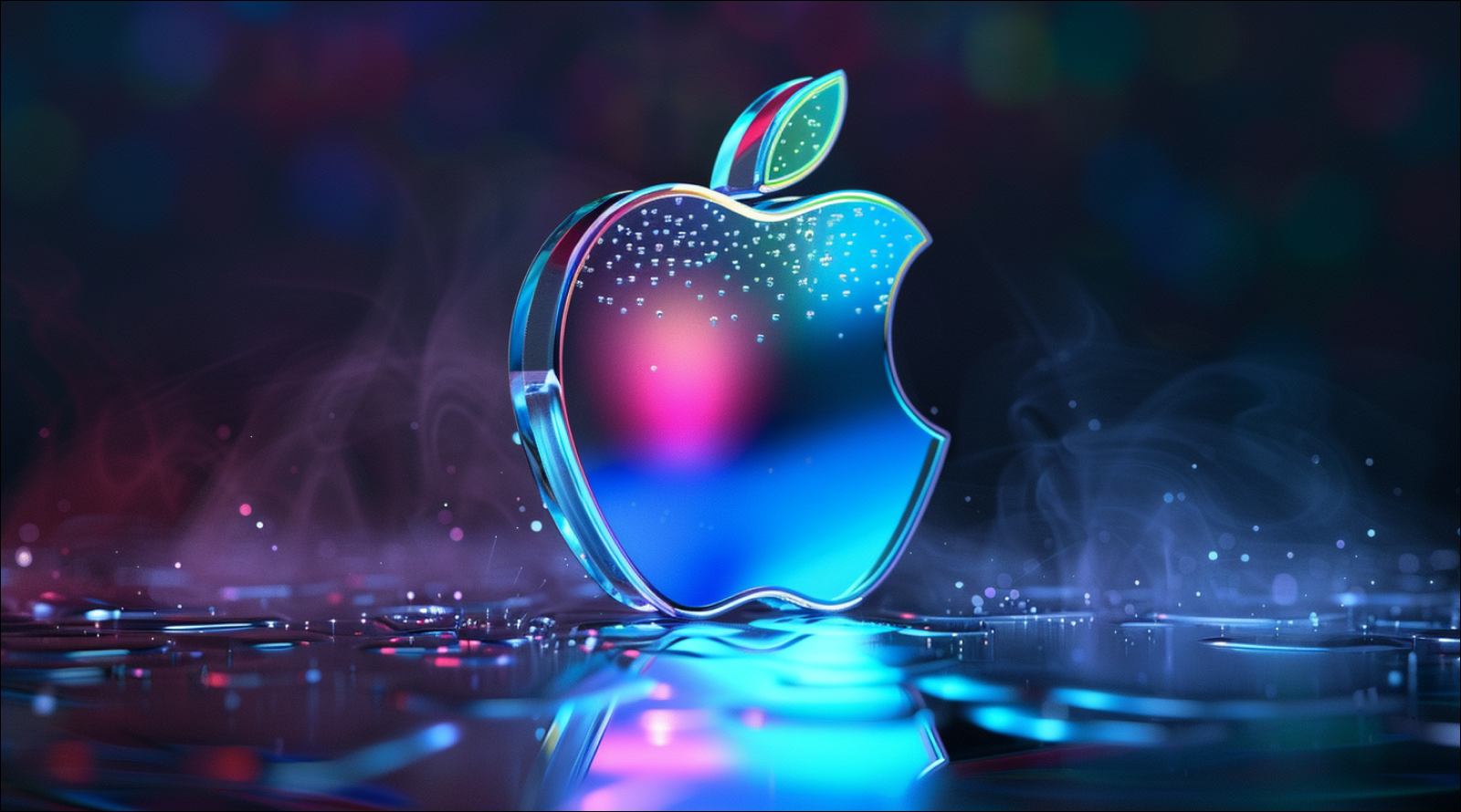 Ein dreidimensionales Apple-Logo in leuchtenden Neonfarben auf einem reflektierenden Untergrund