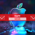 Ein dreidimensionales Apple-Logo in leuchtenden Neonfarben auf einem reflektierenden Untergrund,  mit einem Apple NEWS Banner.