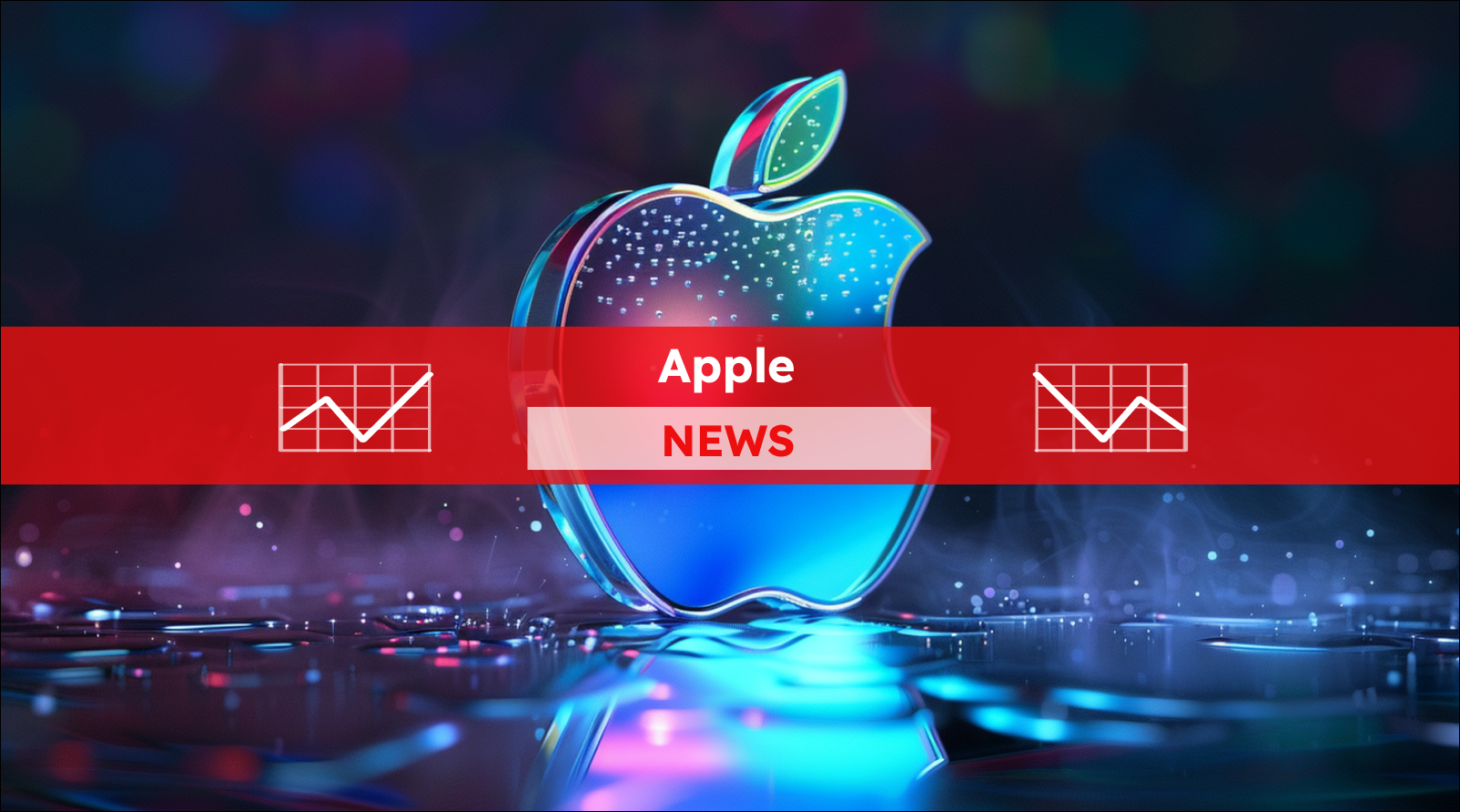 Ein dreidimensionales Apple-Logo in leuchtenden Neonfarben auf einem reflektierenden Untergrund,  mit einem Apple NEWS Banner.