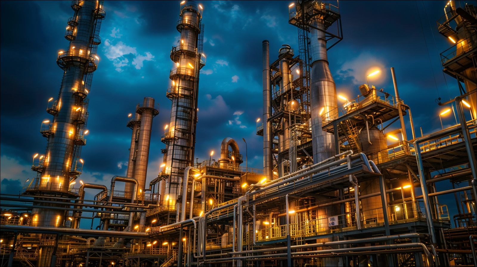 Das Bild zeigt eine komplex beleuchtete Industrieraffinerie mit hohen Säulen und einem verwinkelten Netz von Rohren unter einem Abendhimmel.