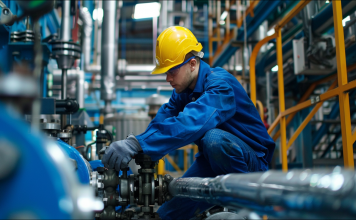 Ein Mann in blauer Arbeitskleidung und gelbem Schutzhelm, der an einer industriellen Rohrleitung arbeitet.