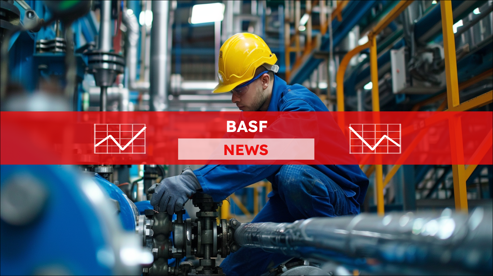 Ein Mann in blauer Arbeitskleidung und gelbem Schutzhelm, der an einer industriellen Rohrleitung arbeitet, mit einem BASF NEWS Banner