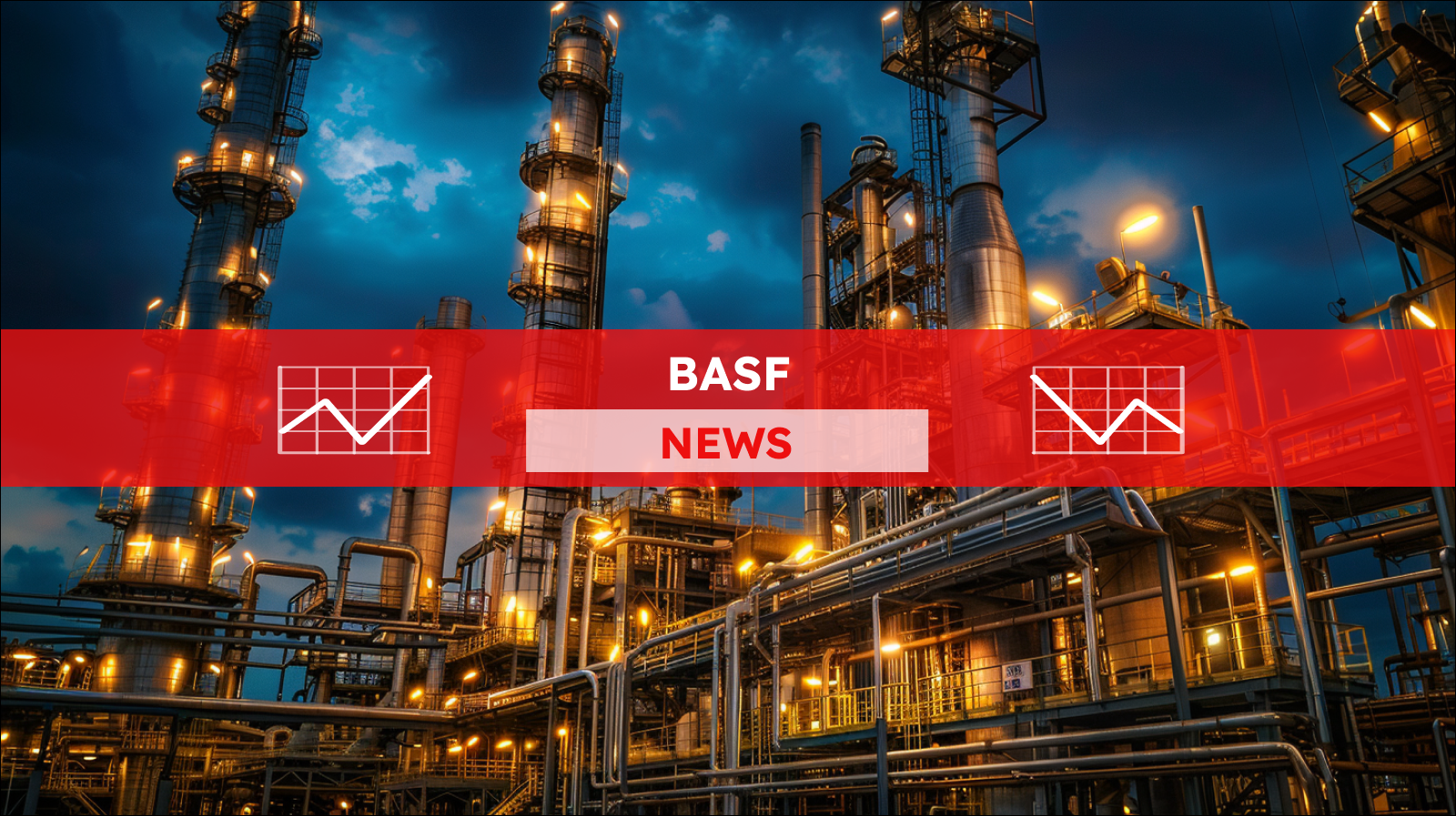Das Bild zeigt eine komplex beleuchtete Industrieraffinerie mit hohen Säulen und einem verwinkelten Netz von Rohren unter einem Abendhimmel, mit einem BASF NEWS Banner