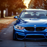 ein blaues BMW-Fahrzeug, das bei Sonnenuntergang auf einer von Bäumen gesäumten Straße parkt.