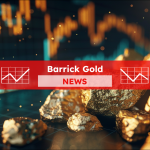 Gold, Aktienchart im Hintergrund, mit einem Barrick Gold NEWS Banner