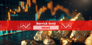 Gold, Aktienchart im Hintergrund, mit einem Barrick Gold NEWS Banner