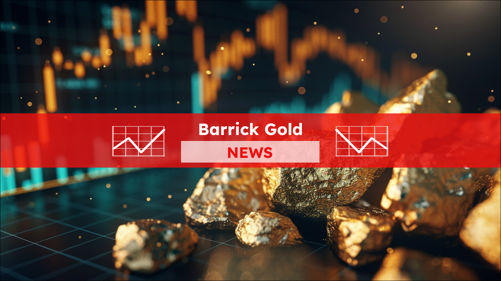 Gold, Aktienchart im Hintergrund, mit einem Barrick Gold NEWS Banner