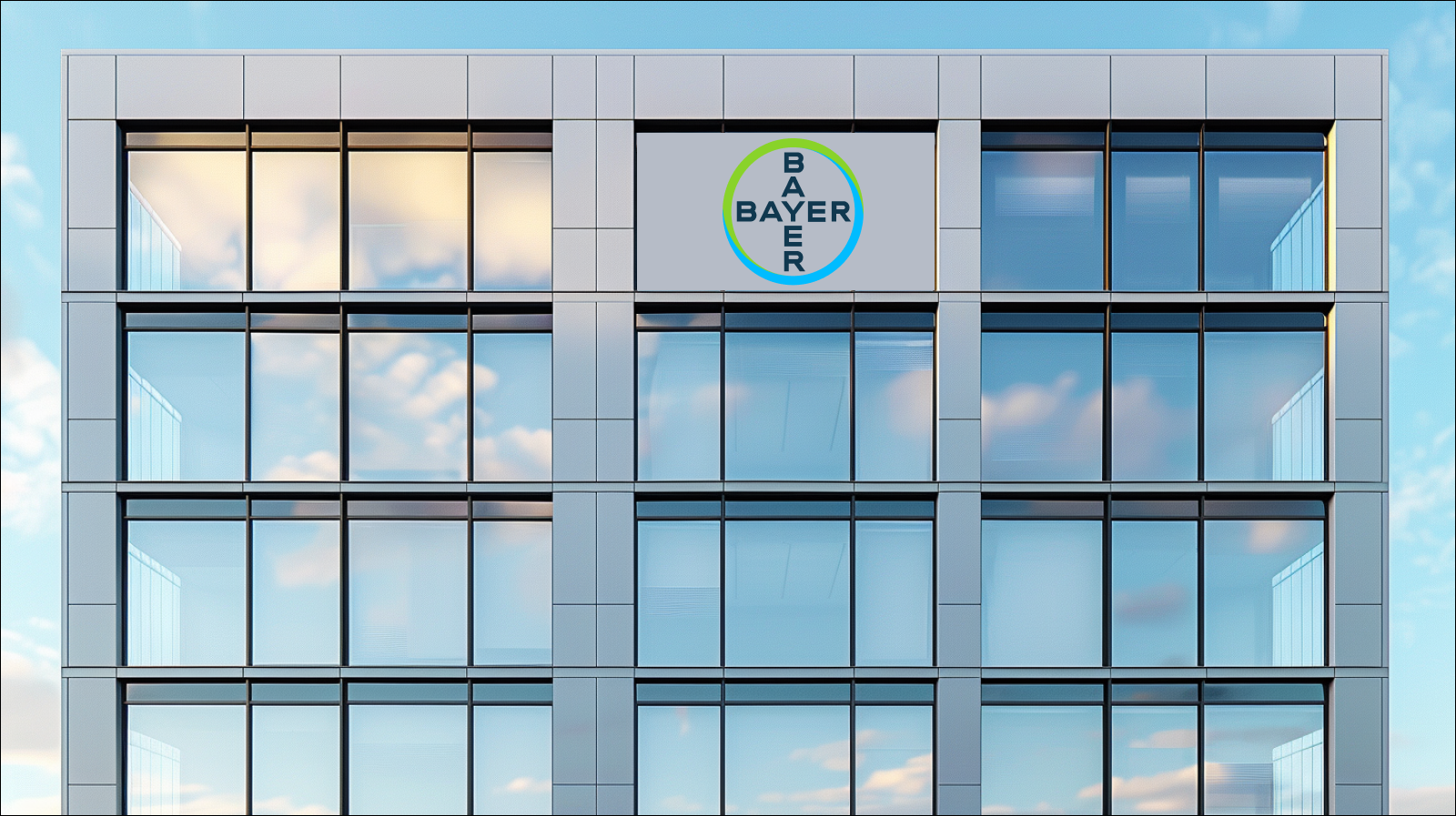 ein modernes Gebäude mit Glasfassade und dem runden Bayer-Logo in der Mitte.