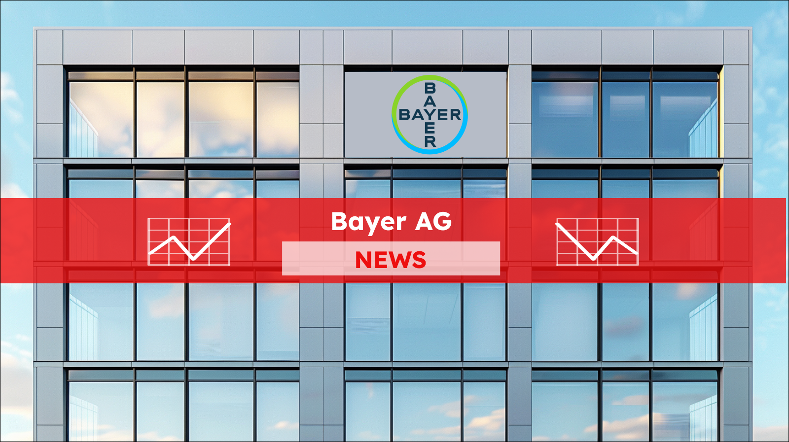 ein modernes Gebäude mit Glasfassade und dem runden Bayer-Logo in der Mitte,  mit einem Bayer AG Banner