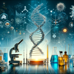 die Arbeit von BioNTech in der Biotechnologie mit DNA-Struktur, Laborausrüstung und wissenschaftlichen Motiven auf blauem High-Tech-Hintergrund.