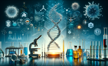 die Arbeit von BioNTech in der Biotechnologie mit DNA-Struktur, Laborausrüstung und wissenschaftlichen Motiven auf blauem High-Tech-Hintergrund.