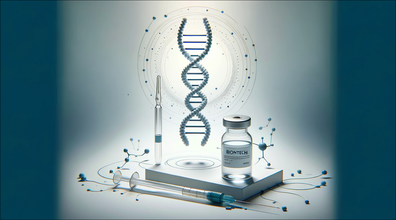 Eine DNA-Helix, eine BioNTech-Impfstoffflasche und eine Spritze vor einem blauen Hintergrund.