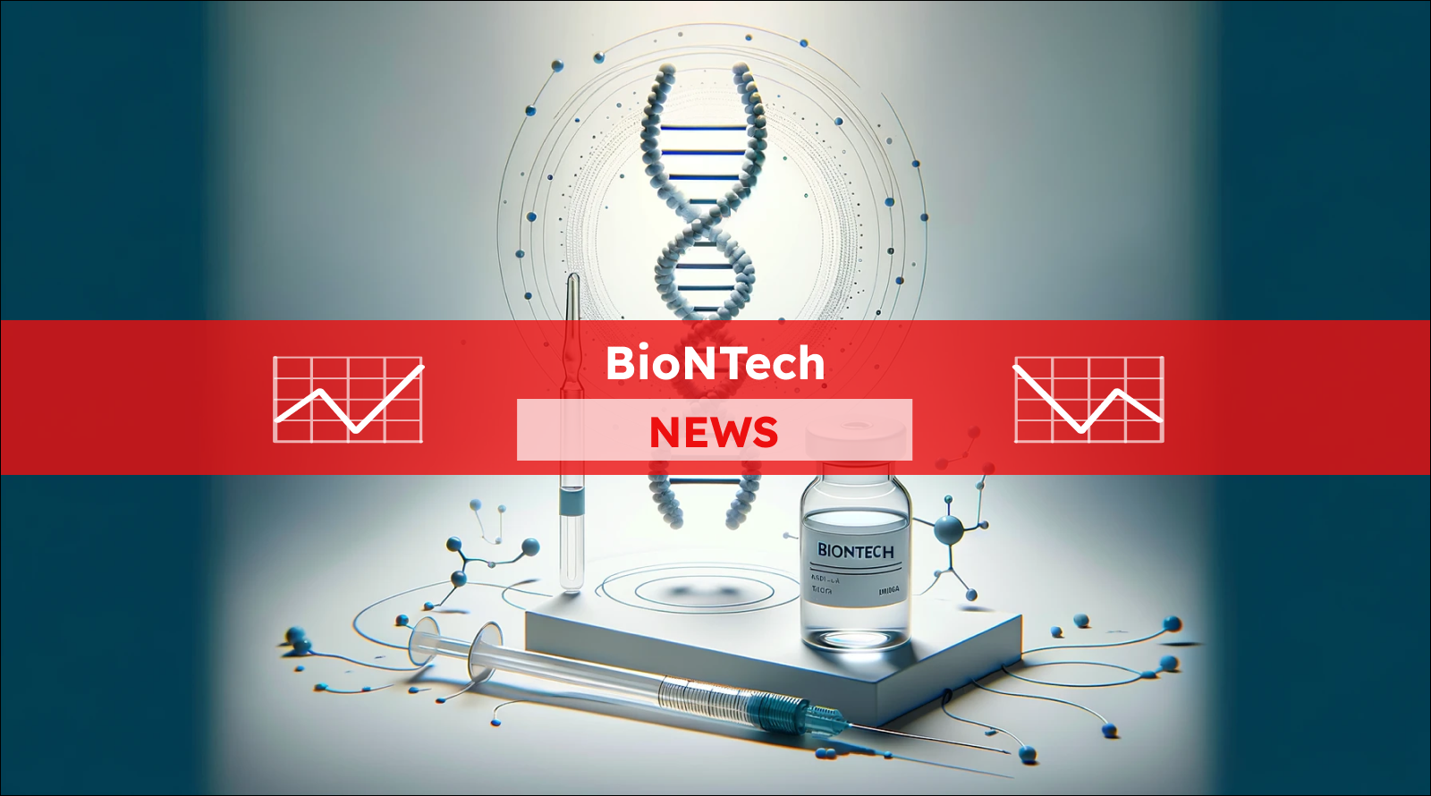 Eine DNA-Helix, eine BioNTech-Impfstoffflasche und eine Spritze vor einem blauen Hintergrund, mit einem BioNTech NEWS Banner.