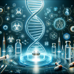 eine DNA-Helix, Laborutensilien und schematische wissenschaftliche Symbole auf einem technologischen Hintergrund.