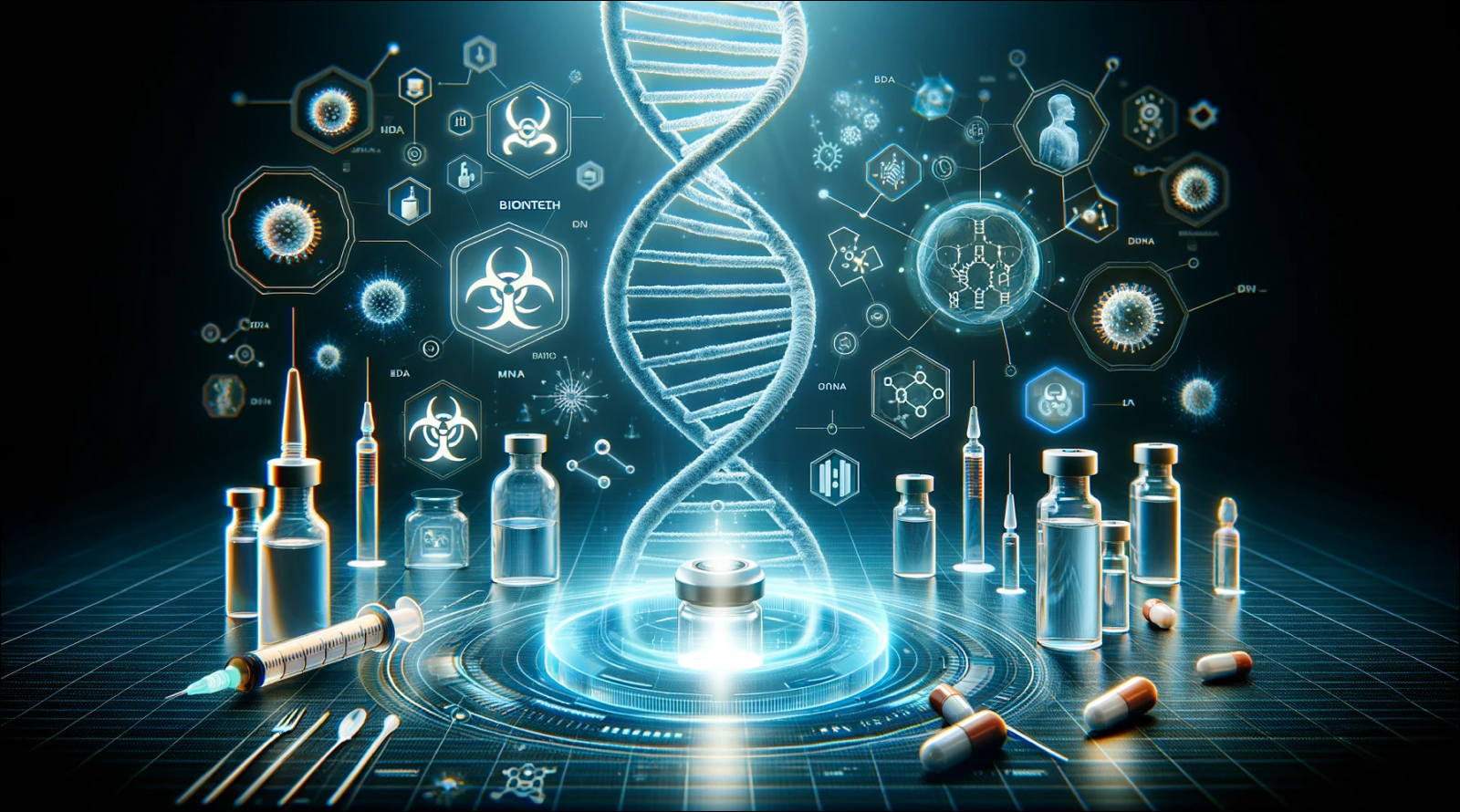 eine DNA-Helix, Laborutensilien und schematische wissenschaftliche Symbole auf einem technologischen Hintergrund.