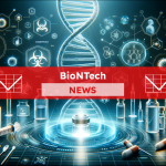 eine DNA-Helix, Laborutensilien und schematische wissenschaftliche Symbole auf einem technologischen Hintergrund,  mit einem BioNTech NEWS Banner